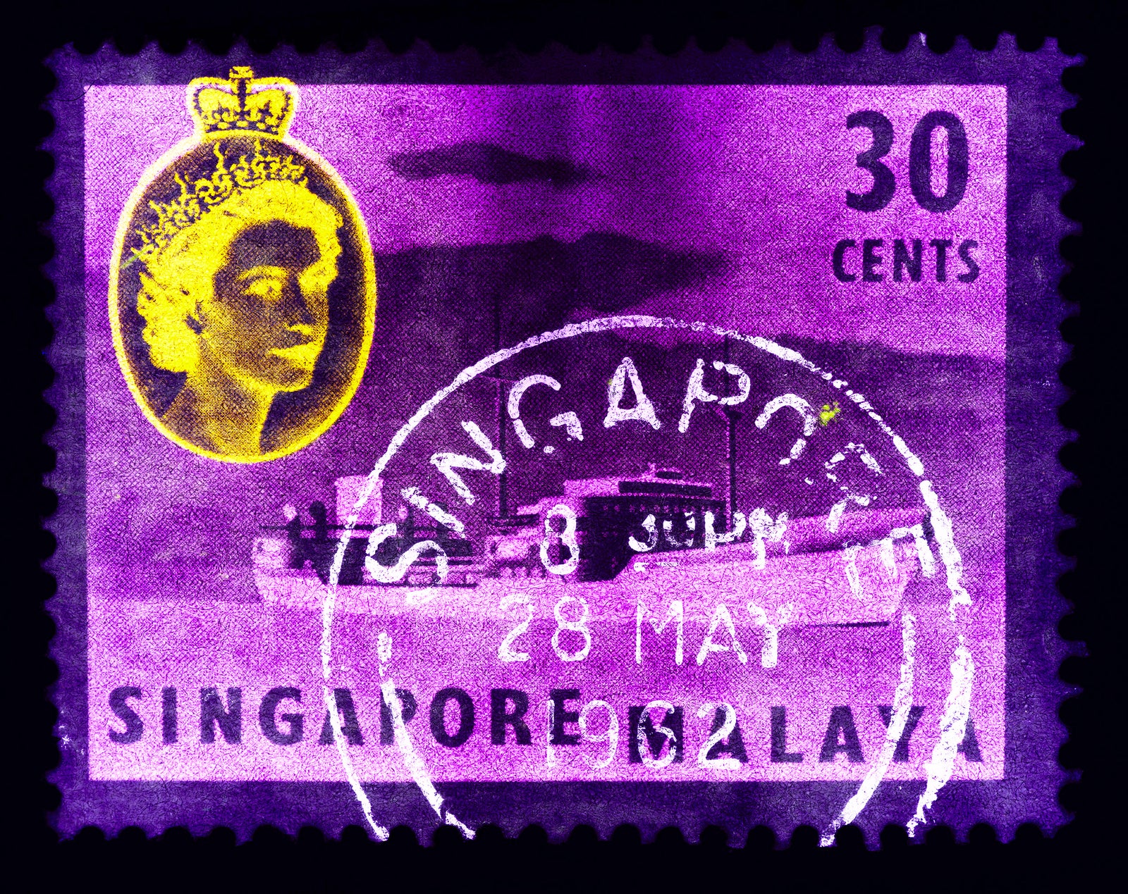 30 cents QEII Oil Tanker (Purple). These historic postage stamps that make up the Heidler & Heeps Stamp Collection, Singapore Series 'Postcards from Afar' have been given a twenty-first century pop art lease of life. The fine detailed tapestry of the original small postage stamp has been brought to life, made unique by the franking stamp and Heidler & Heeps specialist darkroom process.
