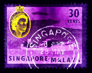30 cents QEII Oil Tanker (Purple). These historic postage stamps that make up the Heidler & Heeps Stamp Collection, Singapore Series 'Postcards from Afar' have been given a twenty-first century pop art lease of life. The fine detailed tapestry of the original small postage stamp has been brought to life, made unique by the franking stamp and Heidler & Heeps specialist darkroom process.