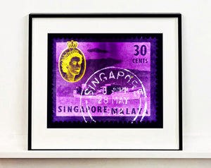 30 cents QEII Oil Tanker (Purple). These historic postage stamps that make up the Heidler & Heeps Stamp Collection, Singapore Series 'Postcards from Afar' have been given a twenty-first century pop art lease of life. The fine detailed tapestry of the original small postage stamp has been brought to life, made unique by the franking stamp and Heidler & Heeps specialist darkroom process.