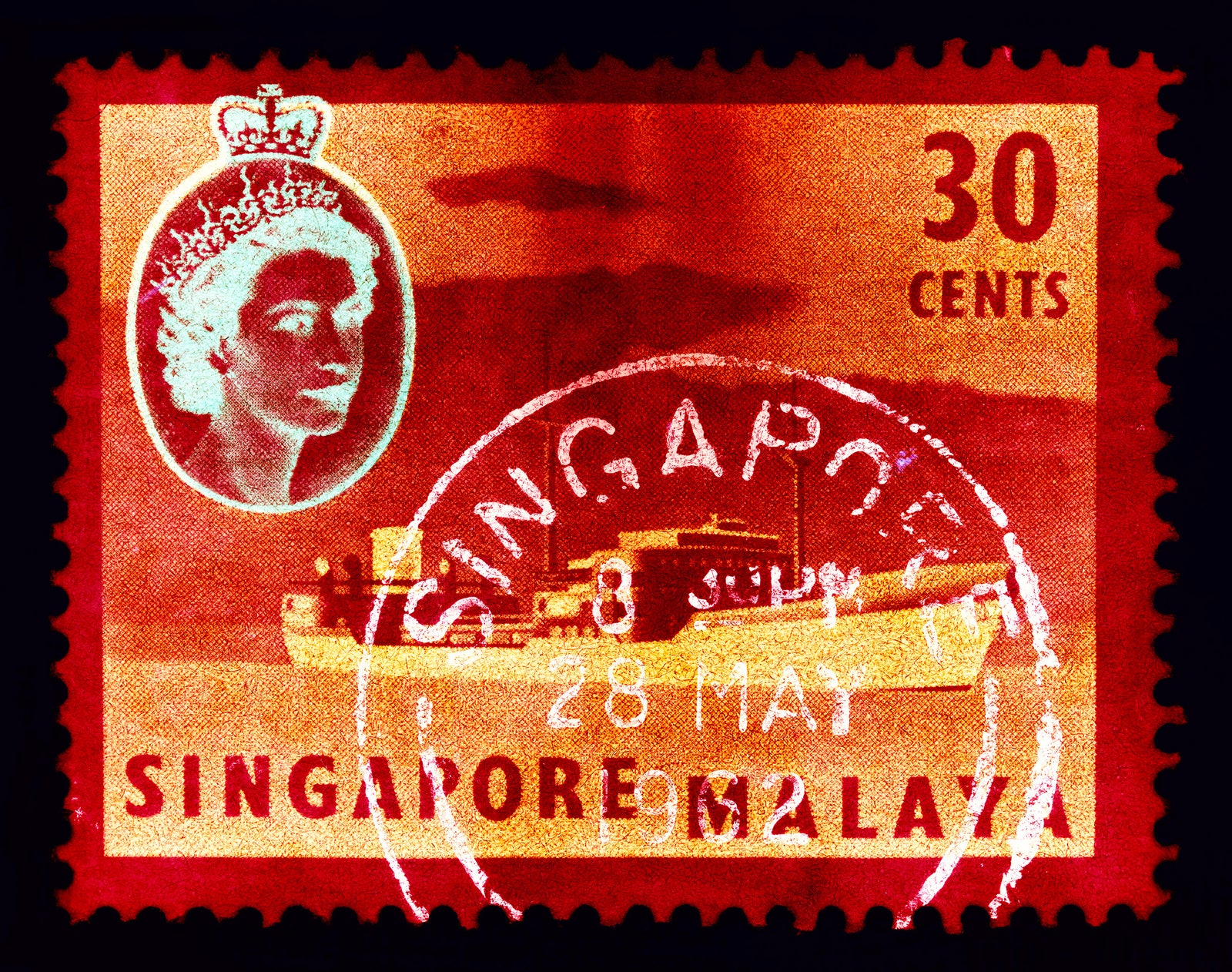 Singapore Stamp Collection '30 cents QEII Oil Tanker' (Red). These historic postage stamps that make up the Heidler & Heeps Stamp Collection, Singapore Series “Postcards from Afar” have been given a twenty-first century pop art lease of life. The fine detailed tapestry of the original small postage stamp has been brought to life, made unique by the franking stamp and Heidler & Heeps specialist darkroom process.