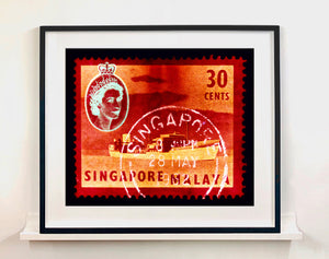 Singapore Stamp Collection '30 cents QEII Oil Tanker' (Red). These historic postage stamps that make up the Heidler & Heeps Stamp Collection, Singapore Series “Postcards from Afar” have been given a twenty-first century pop art lease of life. The fine detailed tapestry of the original small postage stamp has been brought to life, made unique by the franking stamp and Heidler & Heeps specialist darkroom process.