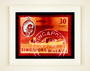 Singapore Stamp Collection '30 cents QEII Oil Tanker' (Red). These historic postage stamps that make up the Heidler & Heeps Stamp Collection, Singapore Series “Postcards from Afar” have been given a twenty-first century pop art lease of life. The fine detailed tapestry of the original small postage stamp has been brought to life, made unique by the franking stamp and Heidler & Heeps specialist darkroom process.