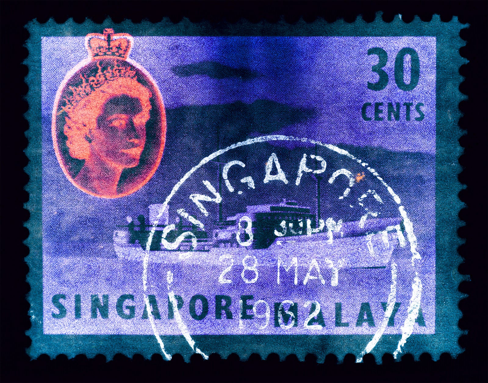 30 cents QEII Oil Tanker (Teal). These historic postage stamps that make up the Heidler & Heeps Stamp Collection, Singapore Series “Postcards from Afar” have been given a twenty-first century pop art lease of life. The fine detailed tapestry of the original small postage stamp has been brought to life, made unique by the franking stamp and Heidler & Heeps specialist darkroom process.