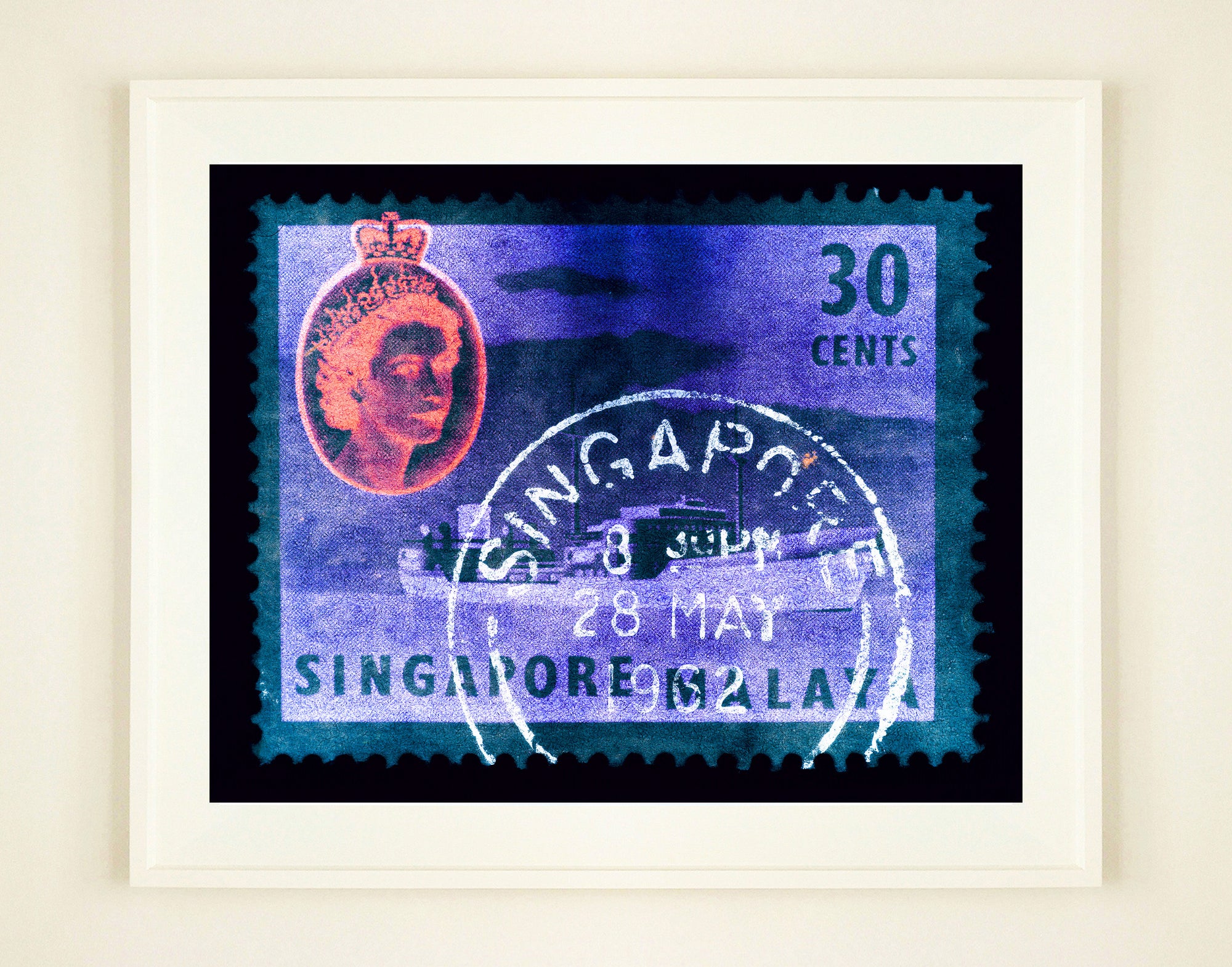 30 cents QEII Oil Tanker (Teal). These historic postage stamps that make up the Heidler & Heeps Stamp Collection, Singapore Series “Postcards from Afar” have been given a twenty-first century pop art lease of life. The fine detailed tapestry of the original small postage stamp has been brought to life, made unique by the franking stamp and Heidler & Heeps specialist darkroom process.