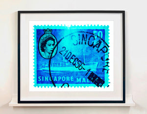 Singapore Stamp Collection '50 cents QEII Steamer Ship' (Cyan). These historic postage stamps that make up the Heidler & Heeps Stamp Collection, Singapore Series “Postcards from Afar” have been given a twenty-first century pop art lease of life. The fine detailed tapestry of the original small postage stamp has been brought to life, made unique by the franking stamp and Heidler & Heeps specialist darkroom process.
