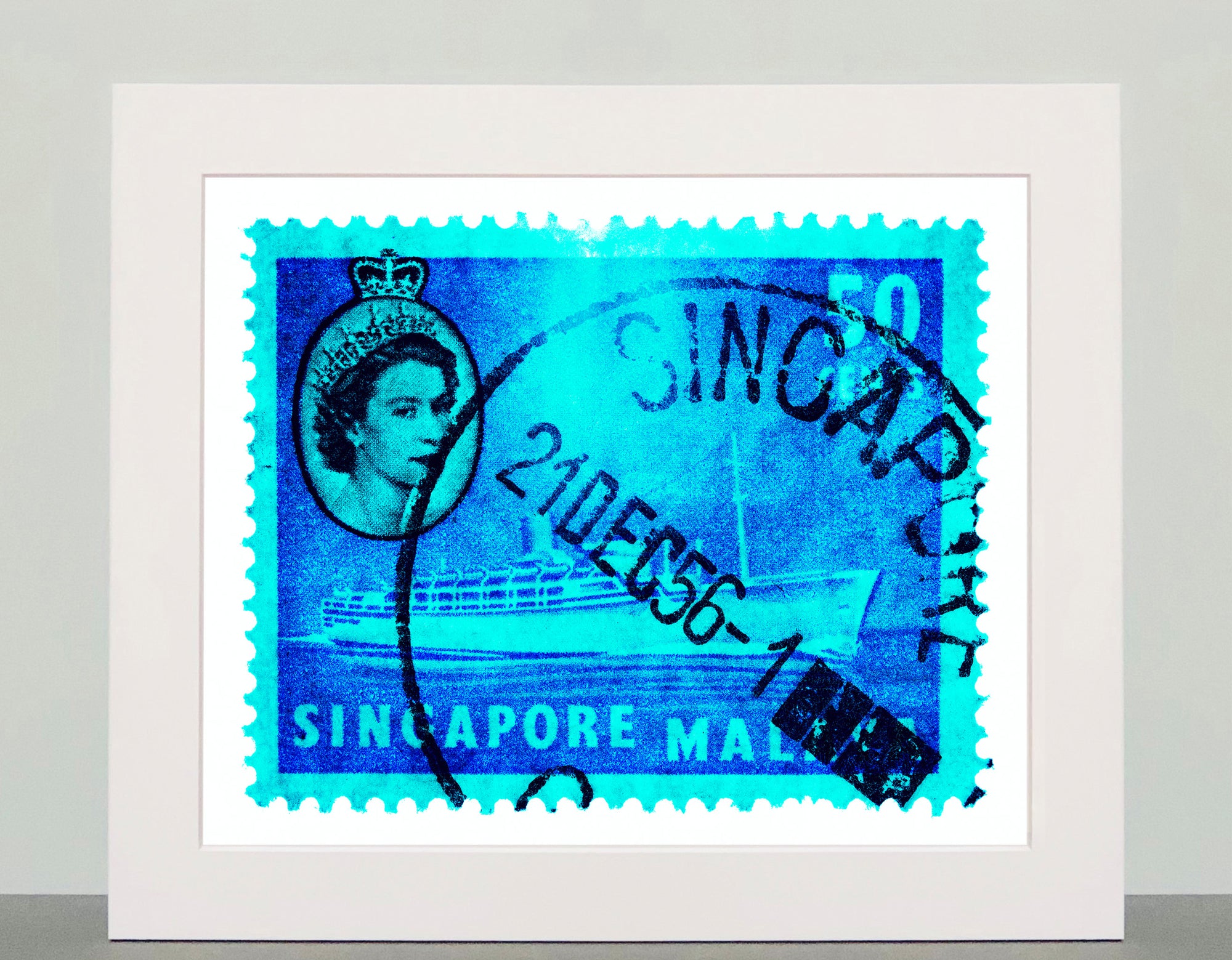 Singapore Stamp Collection '50 cents QEII Steamer Ship' (Cyan). These historic postage stamps that make up the Heidler & Heeps Stamp Collection, Singapore Series “Postcards from Afar” have been given a twenty-first century pop art lease of life. The fine detailed tapestry of the original small postage stamp has been brought to life, made unique by the franking stamp and Heidler & Heeps specialist darkroom process.