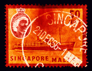 Singapore Stamp Collection '50 cents QEII Steamer Ship' (Orange). These historic postage stamps that make up the Heidler & Heeps Stamp Collection, Singapore Series “Postcards from Afar” have been given a twenty-first century pop art lease of life. The fine detailed tapestry of the original small postage stamp has been brought to life, made unique by the franking stamp and Heidler & Heeps specialist darkroom process.