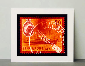 Singapore Stamp Collection '50 cents QEII Steamer Ship' (Orange). These historic postage stamps that make up the Heidler & Heeps Stamp Collection, Singapore Series “Postcards from Afar” have been given a twenty-first century pop art lease of life. The fine detailed tapestry of the original small postage stamp has been brought to life, made unique by the franking stamp and Heidler & Heeps specialist darkroom process.