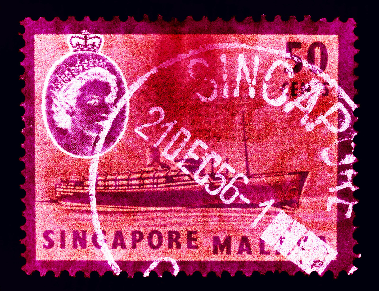 Singapore Stamp Collection '50 cents QEII Steamer Ship' (Pink). These historic postage stamps that make up the Heidler & Heeps Stamp Collection, Singapore Series “Postcards from Afar” have been given a twenty-first century pop art lease of life. The fine detailed tapestry of the original small postage stamp has been brought to life, made unique by the franking stamp and Heidler & Heeps specialist darkroom process.