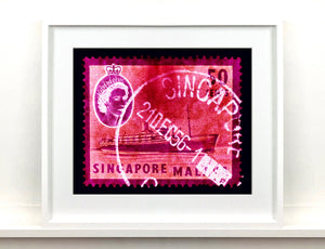 Singapore Stamp Collection '50 cents QEII Steamer Ship' (Pink). These historic postage stamps that make up the Heidler & Heeps Stamp Collection, Singapore Series “Postcards from Afar” have been given a twenty-first century pop art lease of life. The fine detailed tapestry of the original small postage stamp has been brought to life, made unique by the franking stamp and Heidler & Heeps specialist darkroom process.