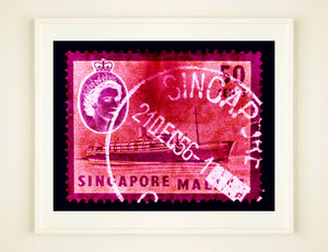 Singapore Stamp Collection '50 cents QEII Steamer Ship' (Pink). These historic postage stamps that make up the Heidler & Heeps Stamp Collection, Singapore Series “Postcards from Afar” have been given a twenty-first century pop art lease of life. The fine detailed tapestry of the original small postage stamp has been brought to life, made unique by the franking stamp and Heidler & Heeps specialist darkroom process.