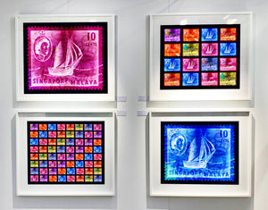 Singapore Stamp Collection 'Singapore Ship Sequence' (8x8). These historic postage stamps that make up the Heidler & Heeps Stamp Collection, Singapore Series 'Postcards from Afar' have been given a twenty-first century pop art lease of life. The fine detailed tapestry of the original small postage stamp has been brought to life, made unique by the franking stamp and Heidler & Heeps specialist darkroom process.