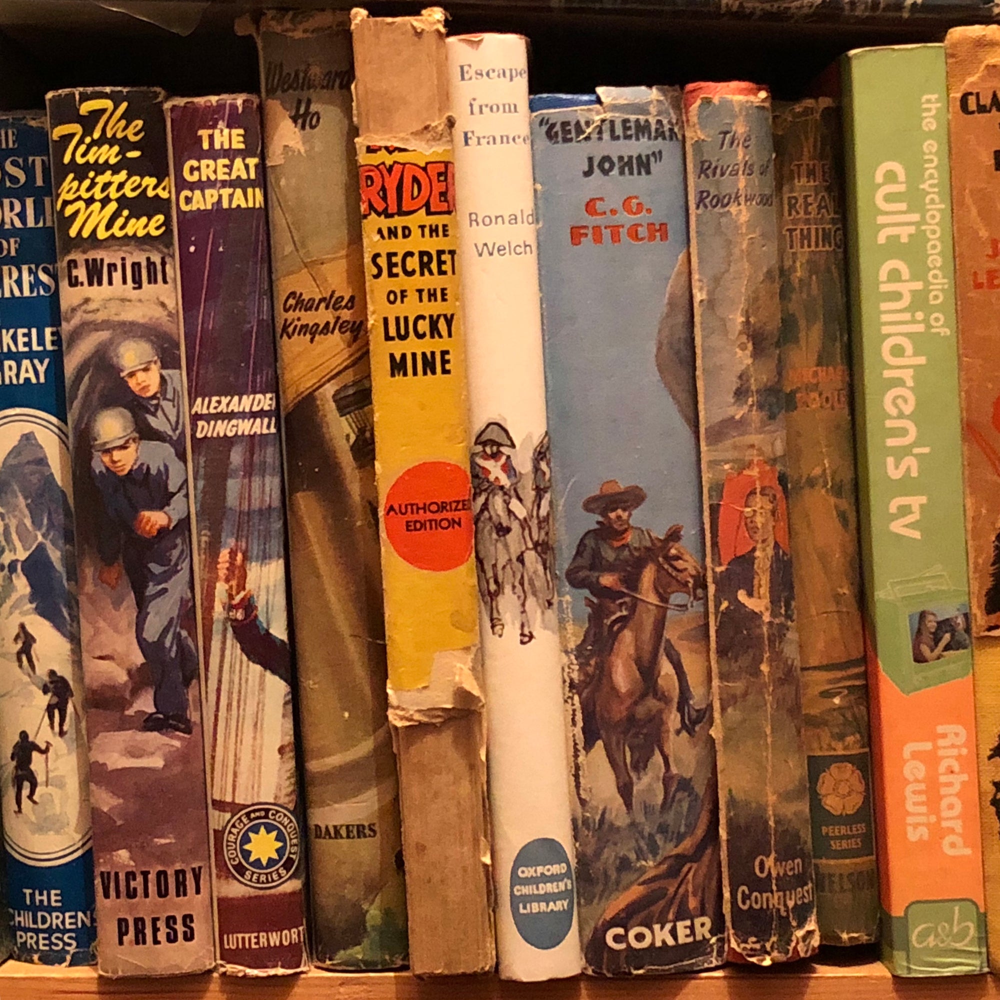 'Authorized Edition' shows the well worn spines of vintage children's books on a shelf, photographed by Richard Heeps in a secondhand bookshop in the British seaside town Sheringham.