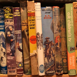 'Authorized Edition' shows the well worn spines of vintage children's books on a shelf, photographed by Richard Heeps in a secondhand bookshop in the British seaside town Sheringham.