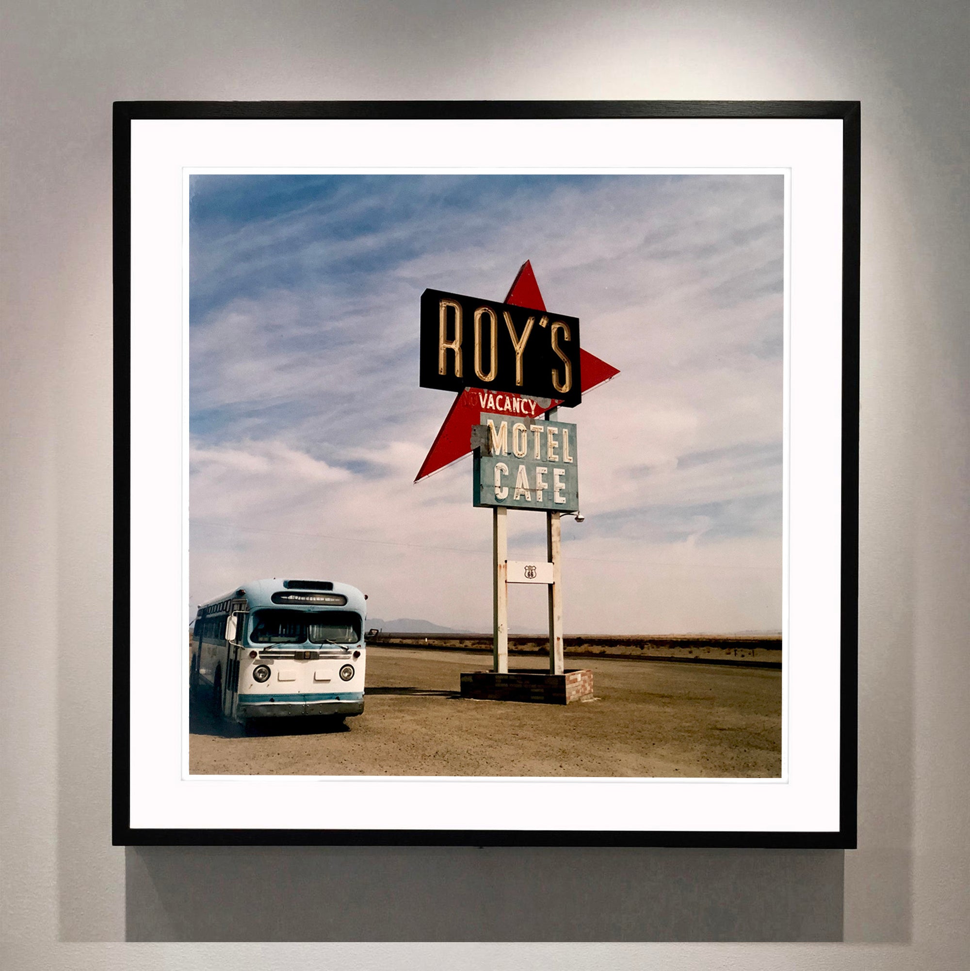 'Bus - Roy's Route 66', part of Richard Heeps 'Dream in Colour' series. This is one of Richard's classic American signs artworks, photographed at the iconic Roy's Motel on Route 66, Amboy, California, featuring the famous 1960's GM Bus.