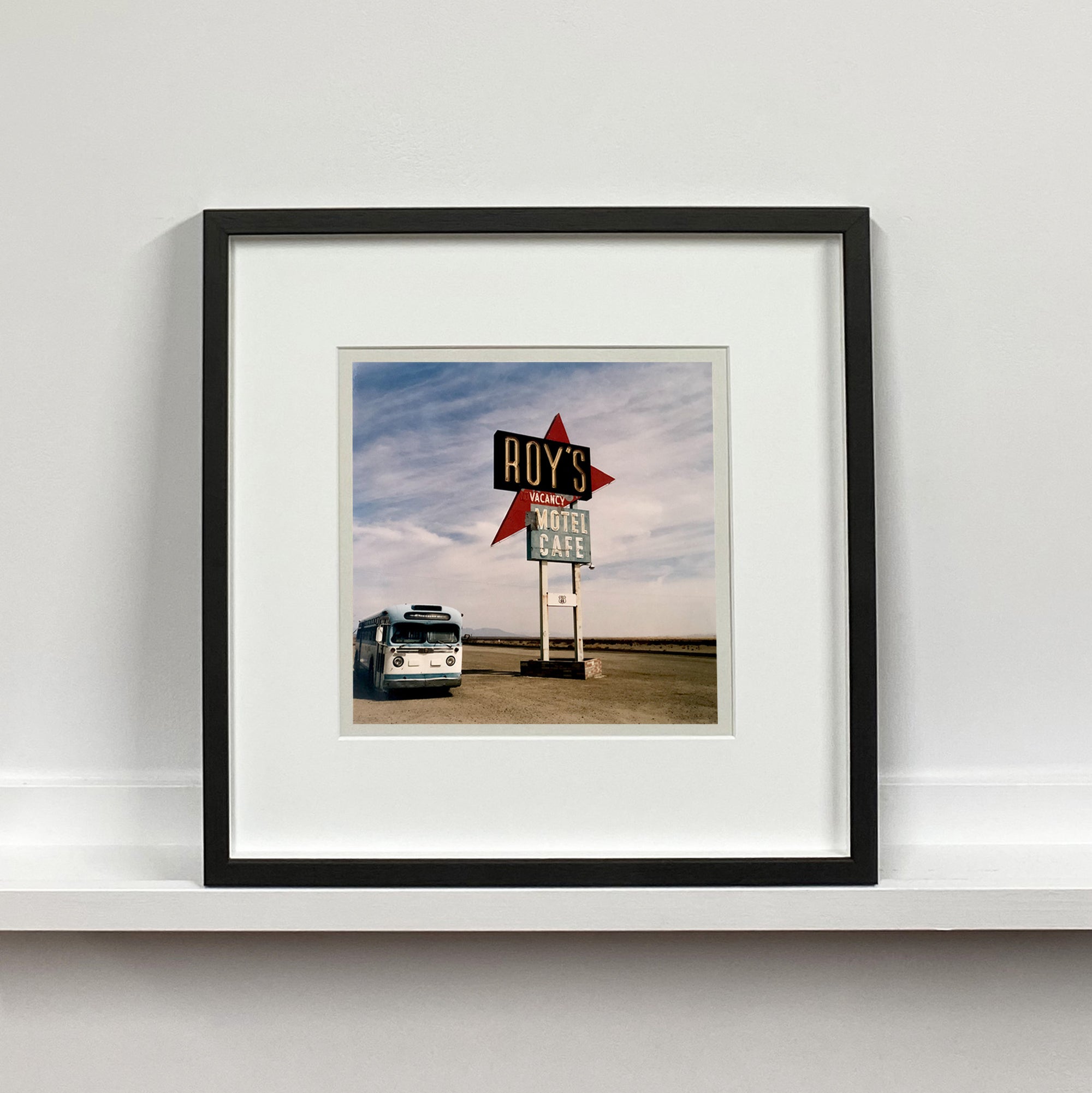 'Bus - Roy's Route 66', part of Richard Heeps 'Dream in Colour' series. This is one of Richard's classic American signs artworks, photographed at the iconic Roy's Motel on Route 66, Amboy, California, featuring the famous 1960's GM Bus.