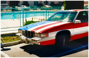 An American car parked up by the swimming pool outside the Algiers Hotel in Las Vegas. Photography by Richard Heeps, part of his 'Dream in Colour' series.