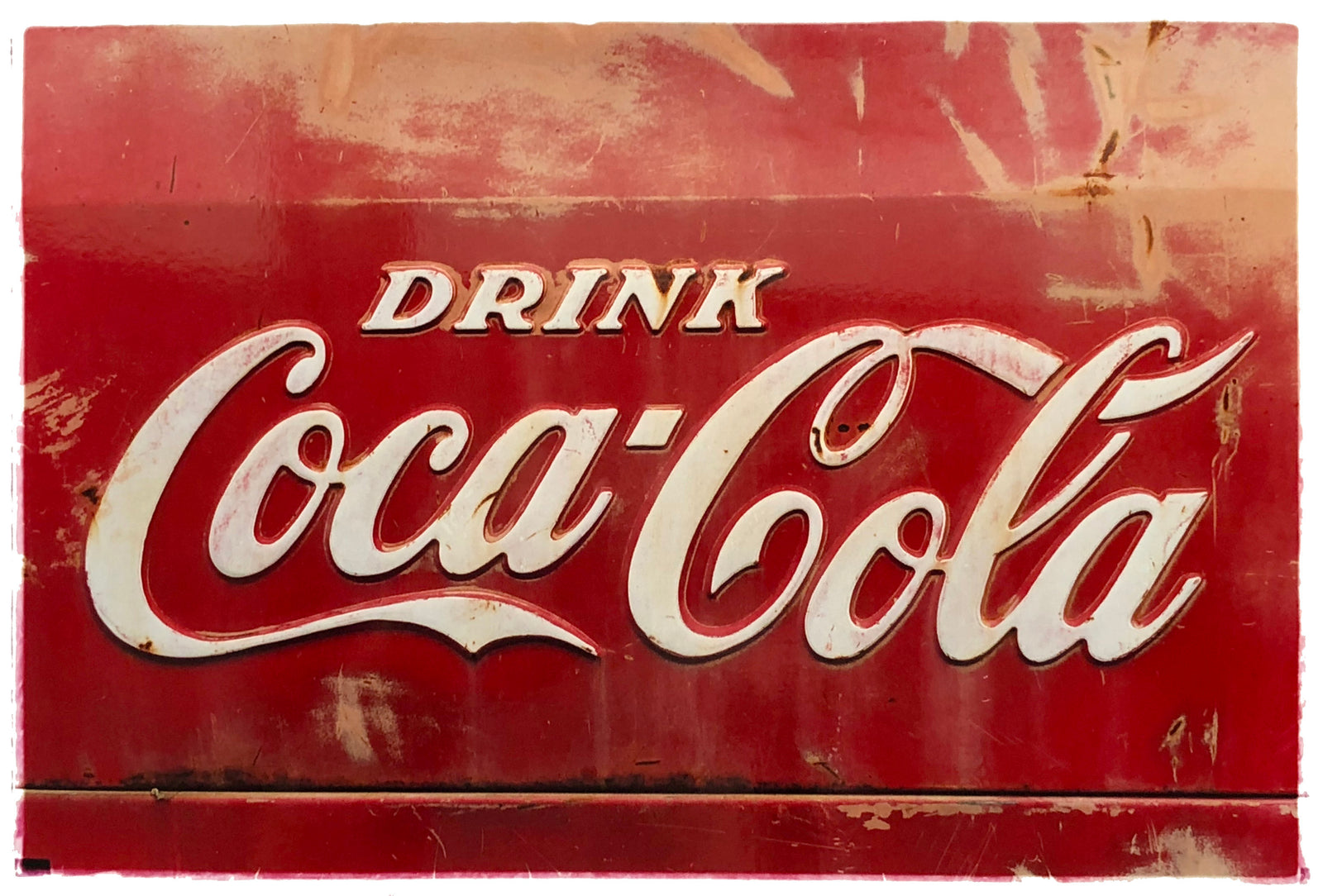 This artwork is one of Richard's many iconic Coca-Cola sign artworks. This one was captured in the So-Cal Speed Shop in Phoenix, Arizona, and has an interesting raw distressed quality. The classic Coca-Cola red, combined with the texture and relief text really make this piece pop.