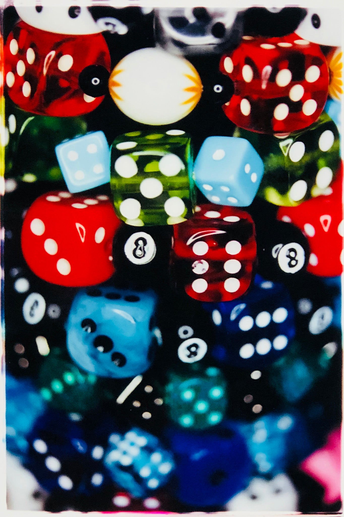 'Dice', Part of Richard Heeps 'Man's Ruin' Series, the vivid detail of the dice in fun multi-colour picture and lucky number 8 ball. 