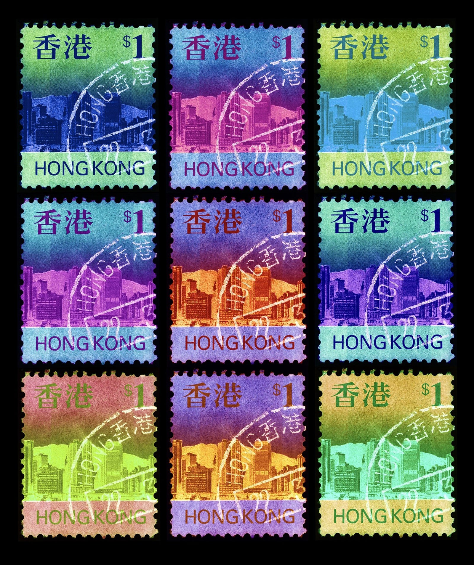 Eat, Sleep, HK$1, Repeat, 2017. This brand new release in the Heidler & Heeps Stamp Collection is a development of the single stamp 'HK$1'. The multiple effect replicates the effect of the pulsating city of Hong Kong. 