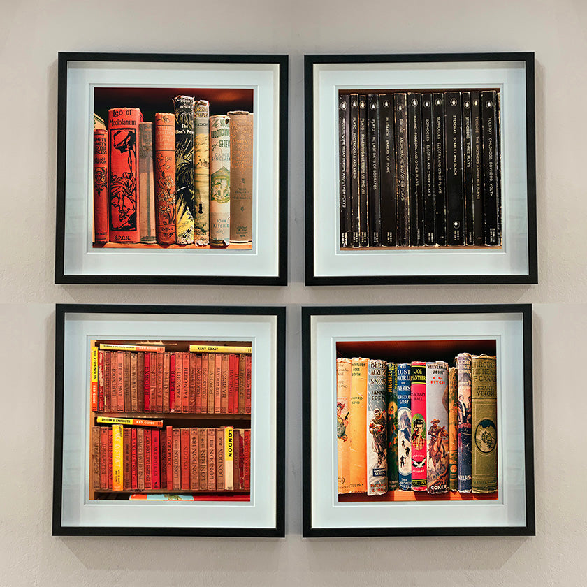 Framed photograph of vintage book spines by Richard Heeps.