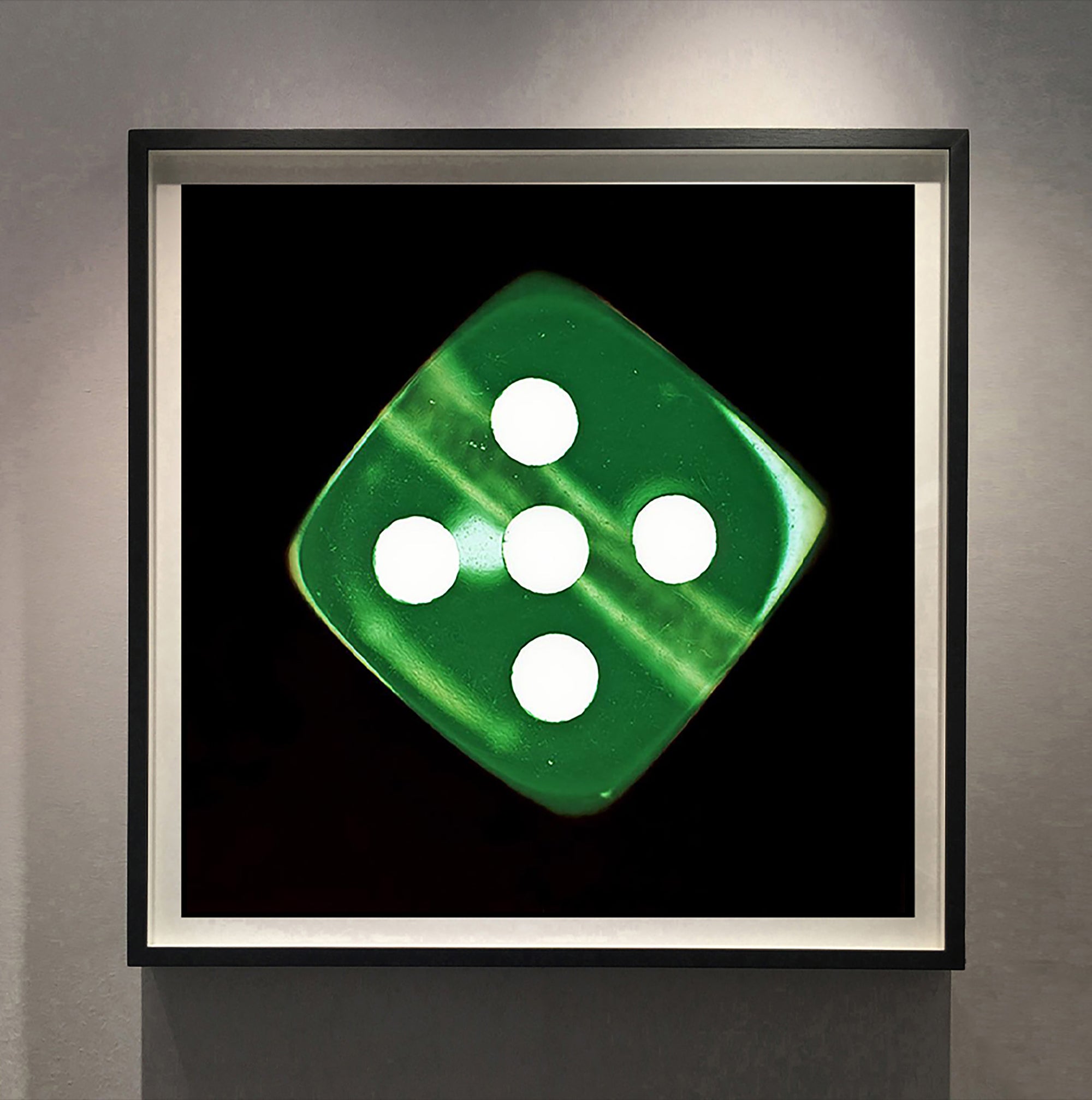 From Heidler & Heeps Dice Series, 'Green Five' is a green dice suspended on a black background, hypnotically curious in both content and technique, viewers find themselves pleasantly puzzled. Heidler & Heeps have developed their own dichromatic technique resulting in something, which is neither a straightforward photograph, nor photogram. 