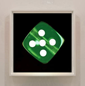 From Heidler & Heeps Dice Series, 'Green Five' is a green dice suspended on a black background, hypnotically curious in both content and technique, viewers find themselves pleasantly puzzled. Heidler & Heeps have developed their own dichromatic technique resulting in something, which is neither a straightforward photograph, nor photogram. 
