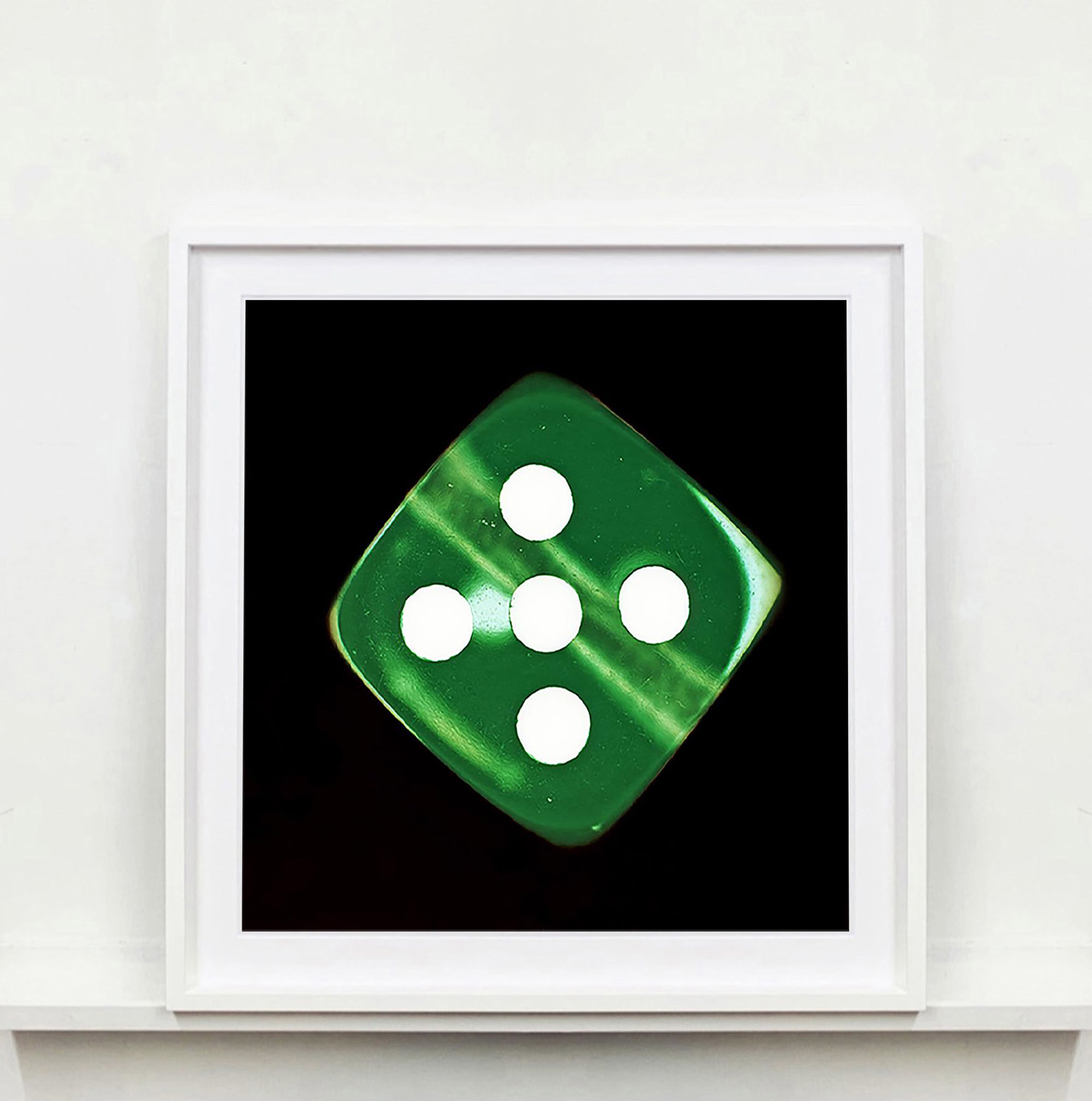 From Heidler & Heeps Dice Series, 'Green Five' is a green dice suspended on a black background, hypnotically curious in both content and technique, viewers find themselves pleasantly puzzled. Heidler & Heeps have developed their own dichromatic technique resulting in something, which is neither a straightforward photograph, nor photogram. 