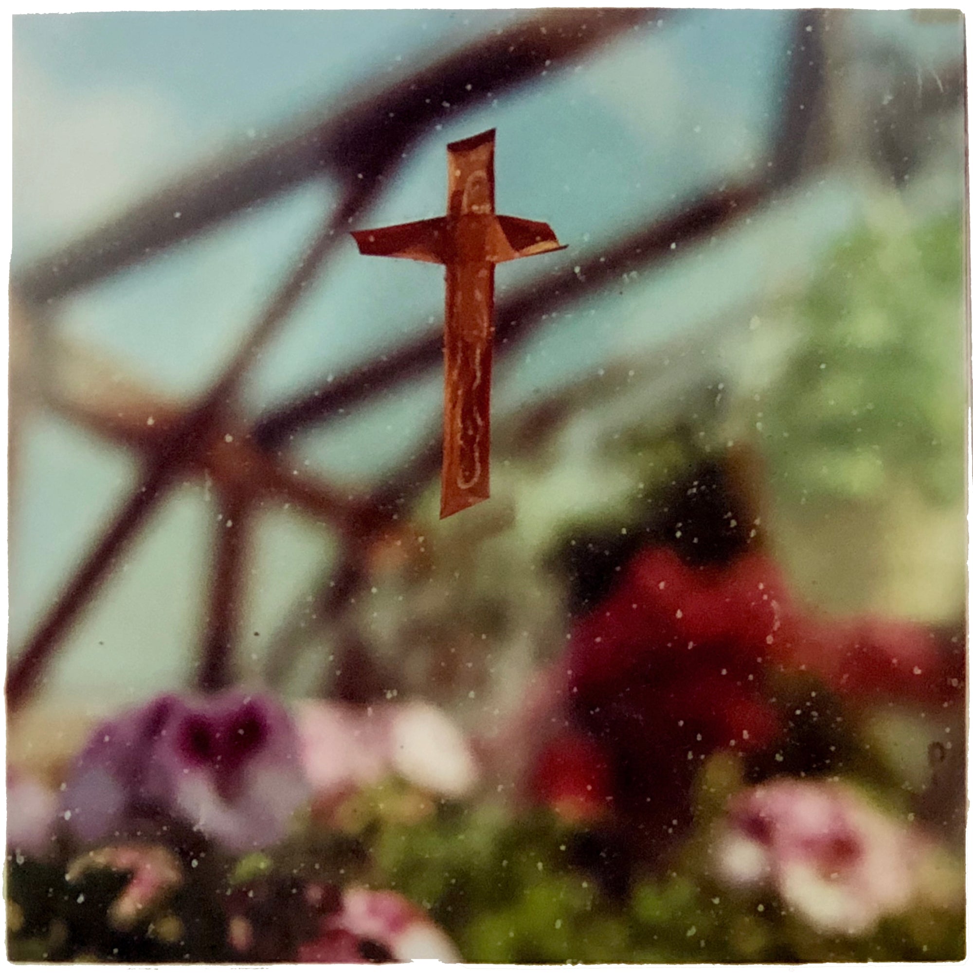 Abstract floral photograph with a crucifix in focus.