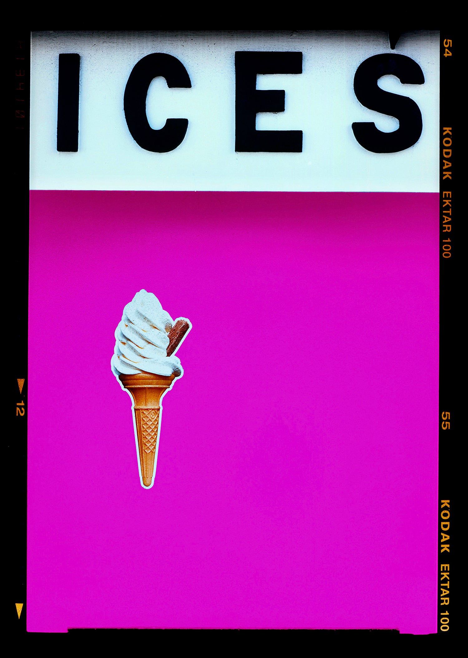 Photograph by Richard Heeps. Pink typography print of an ice cream on pink colour blocking with the Kodak film rebate.