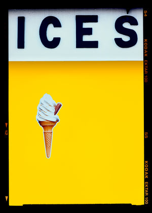 Photograph by Richard Heeps.  Yellow typography print of an ice cream on a yellow colour block with the Kodak film rebate.