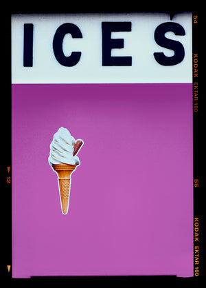 Photograph by Richard Heeps.  Black letters spell out ICES and below is depicted a 99 icecream cones sitting left of centre against a plum coloured background.  