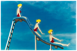 Three females on a slide neon sign against a blue sky in Las Vegas photograph by Richard Heeps.