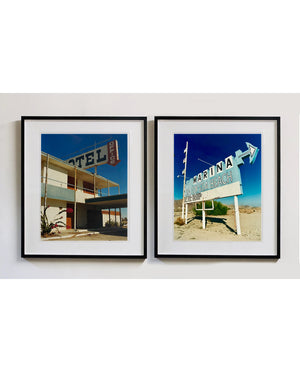 North Shore Motel Office II from Richard Heeps Salton Sea series. Blue skies over this Californian classic mid-century modern Americana Motel exterior. Captured by Richard Heeps in the Salton Sea in 2003 but only executed in his darkroom for the first time in Spring 2020.