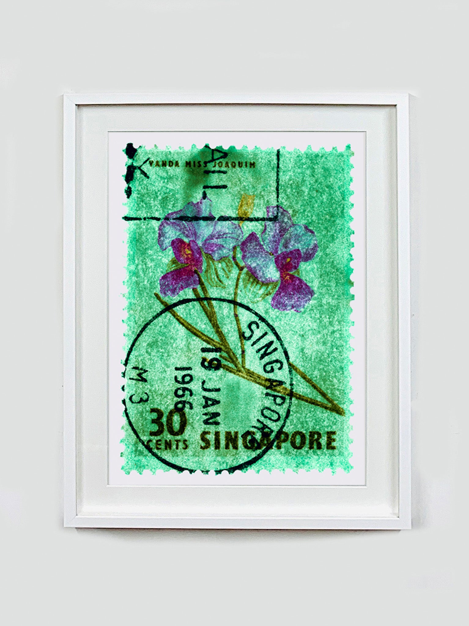 Singapore Stamp Collection '30 Cents Singapore Orchid Green'. These historic postage stamps that make up the Heidler & Heeps Stamp Collection, Singapore Series 'Postcards from Afar' have been given a twenty-first century pop art lease of life. The fine detailed tapestry of the original small postage stamp has been brought to life, made unique by the franking stamp and Heidler & Heeps specialist darkroom process.