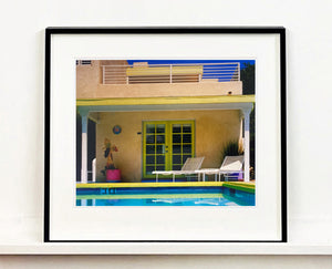 Palm Springs Pool Side II showcases classic mid-century Palm Springs California architecture. Cool blue skies and pool with accents of pink and almost neon yellow. From Richard Heeps Dream in Colour series. 