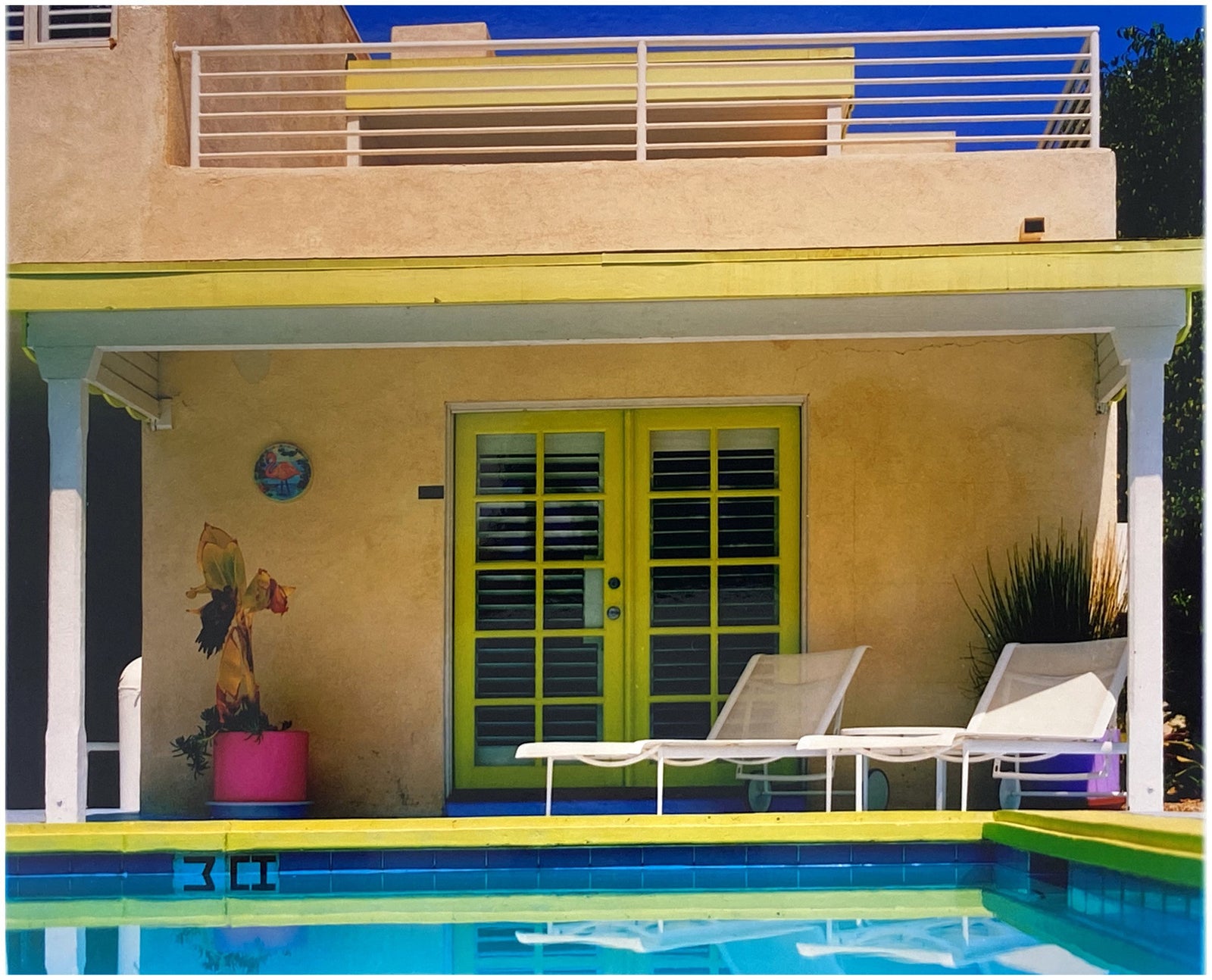 Palm Springs Pool Side II showcases classic mid-century Palm Springs California architecture. Cool blue skies and pool with accents of pink and almost neon yellow. From Richard Heeps Dream in Colour series. 