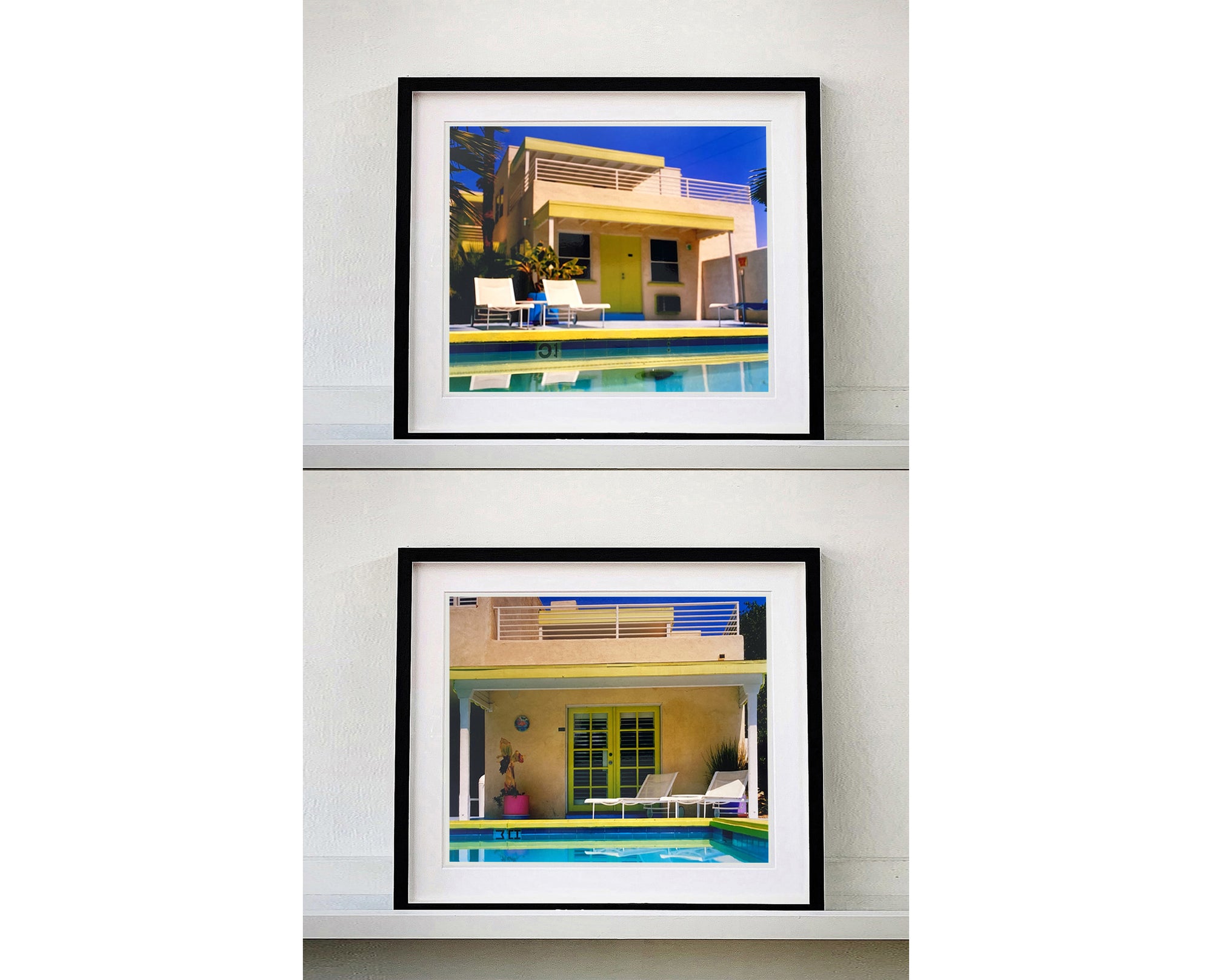 Palm Springs Pool Side II showcases classic mid-century Palm Springs California architecture. Cool blue skies and pool with accents of pink and almost neon yellow. From Richard Heeps Dream in Colour series. 