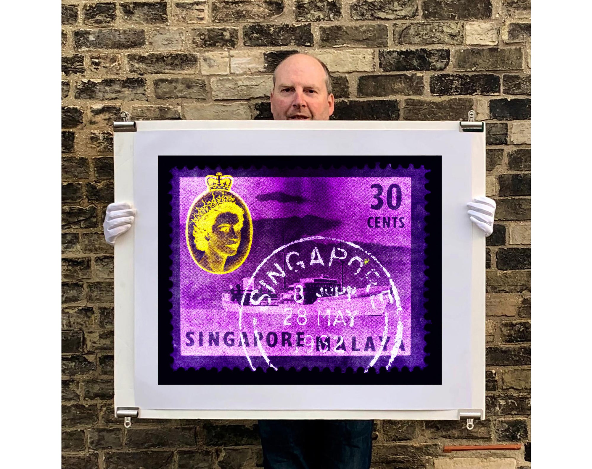 30 cents QEII Oil Tanker (Purple). These historic postage stamps that make up the Heidler & Heeps Stamp Collection, Singapore Series 'Postcards from Afar' have been given a twenty-first century pop art lease of life. The fine detailed tapestry of the original small postage stamp has been brought to life, made unique by the franking stamp and Heidler & Heeps specialist darkroom process.