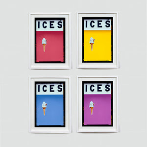 4 (2x2) white framed photographs by Richard Heeps. Hanging on a white wall, 4 prints of an ice cream on a colour block (raspberry, yellow, baby blue and and plum) with ICES written across the top of each and each has a Kodak film rebate.