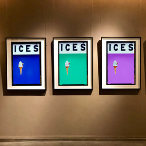 Set of three photographs by Richard Heeps.  Three identical photographs (apart from the block colour), at the top black letters spell out ICES and below is depicted a 99 icecream cone sitting left of centre set against, in turn, a blue, mint and lilac coloured backgrounds.  