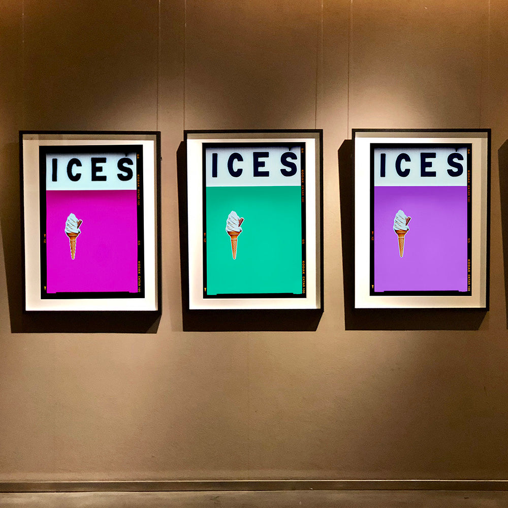 3 framed photographs by Richard Heeps. Typography prints of an ice cream on pink, mint and lilac colour blocking with the Kodak film rebate.