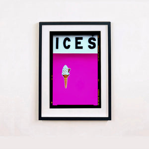 Black framed photograph by Richard Heeps. Pink typography print of an ice cream on pink colour blocking with the Kodak film rebate.