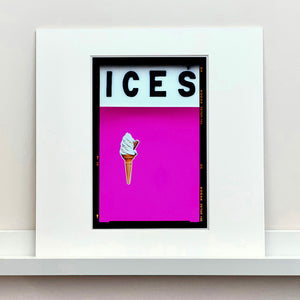 Mounted photograph by Richard Heeps. Pink typography print of an ice cream on pink colour blocking with the Kodak film rebate.