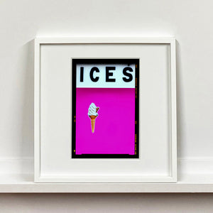 White framed photograph by Richard Heeps. Pink typography print of an ice cream on pink colour blocking with the Kodak film rebate.