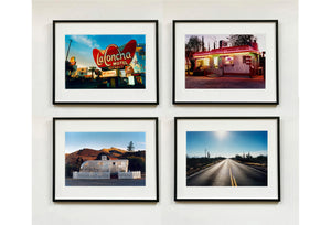 'Road to Gunsight' photographed on Highway 86, Arizona in 2001 is part of Richard Heeps' 'Dream in Colour' series. This classic American open road imagery appears throughout his work. 