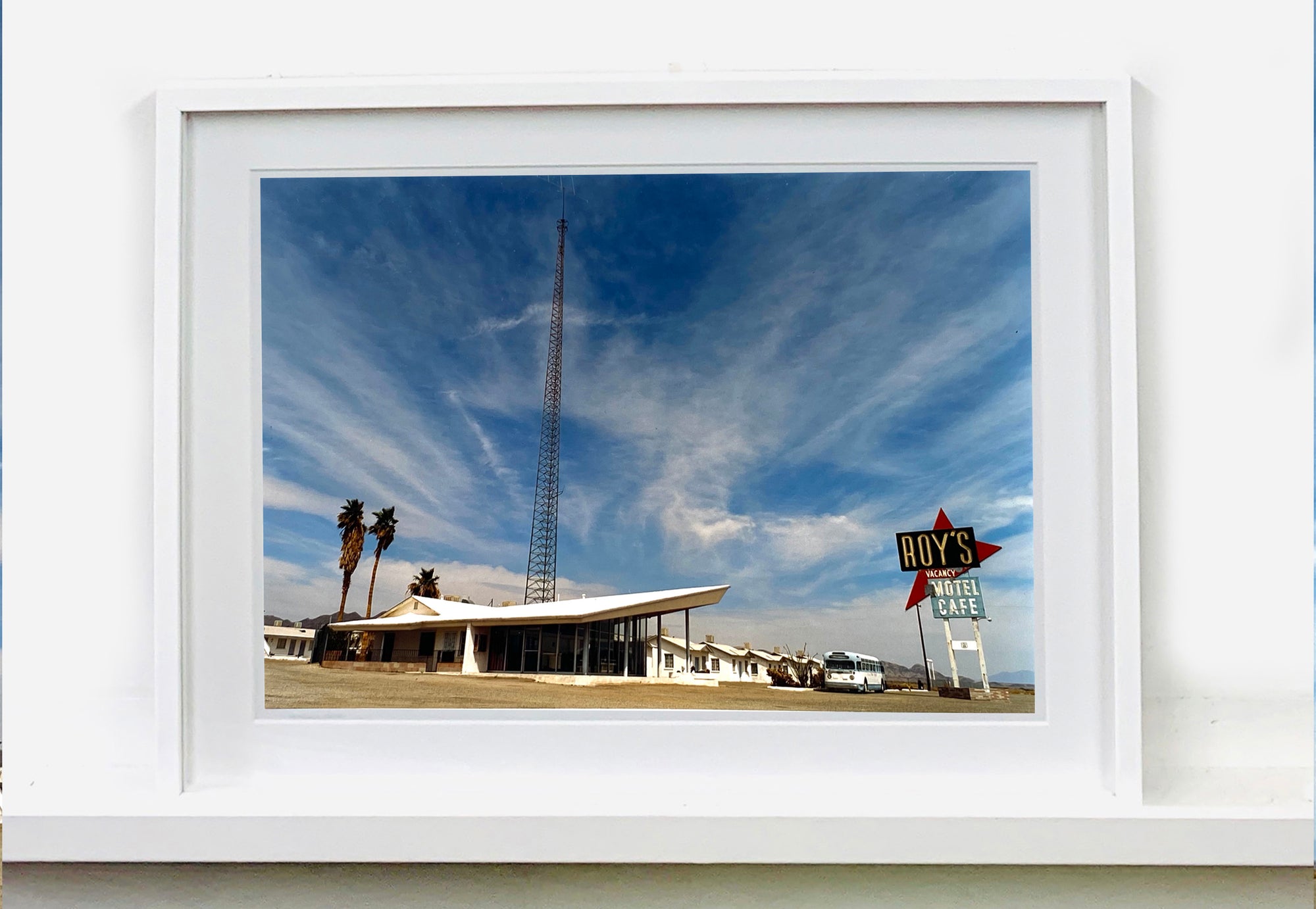 This view of Roy's Motel emphasises the space age Googie style of both the building and the iconic Motel sign. This piece is part of Richard Heeps' 'Dream in Colour' series.