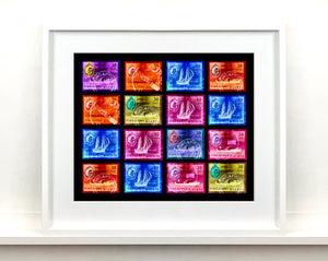 Singapore Ship Sequence (4x4). These historic postage stamps that make up the Heidler & Heeps Stamp Collection, Singapore Series “Postcards from Afar” have been given a twenty-first century pop art lease of life. The fine detailed tapestry of the original small postage stamp has been brought to life, made unique by the franking stamp and Heidler & Heeps specialist darkroom process.