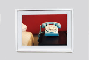 Part of Richard Heeps 'Dream in Colour' Series, this cool Palm Springs interiors picture featuring a vintage telephone on a nightstand combines gorgeous colours and dreamy nostalgic mid-century vibes.