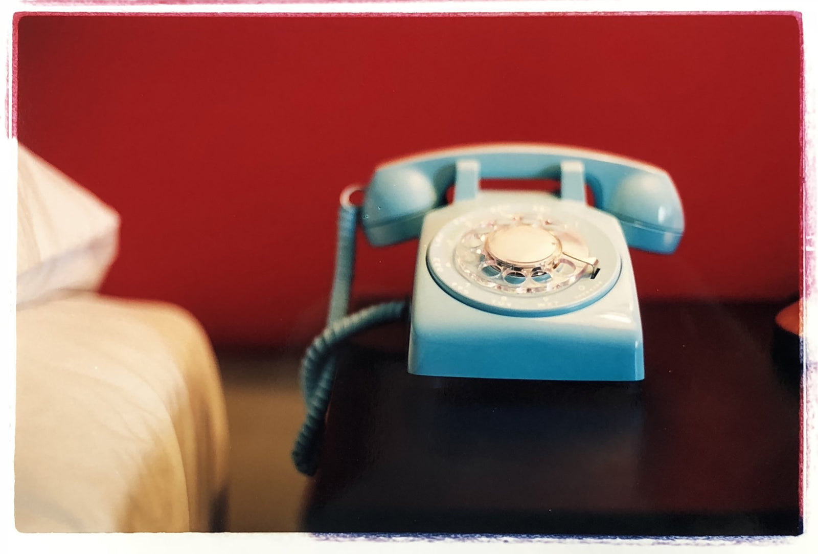 Part of Richard Heeps 'Dream in Colour' Series, this cool Palm Springs interiors picture featuring a vintage telephone on a nightstand combines gorgeous colours and dreamy nostalgic mid-century vibes.